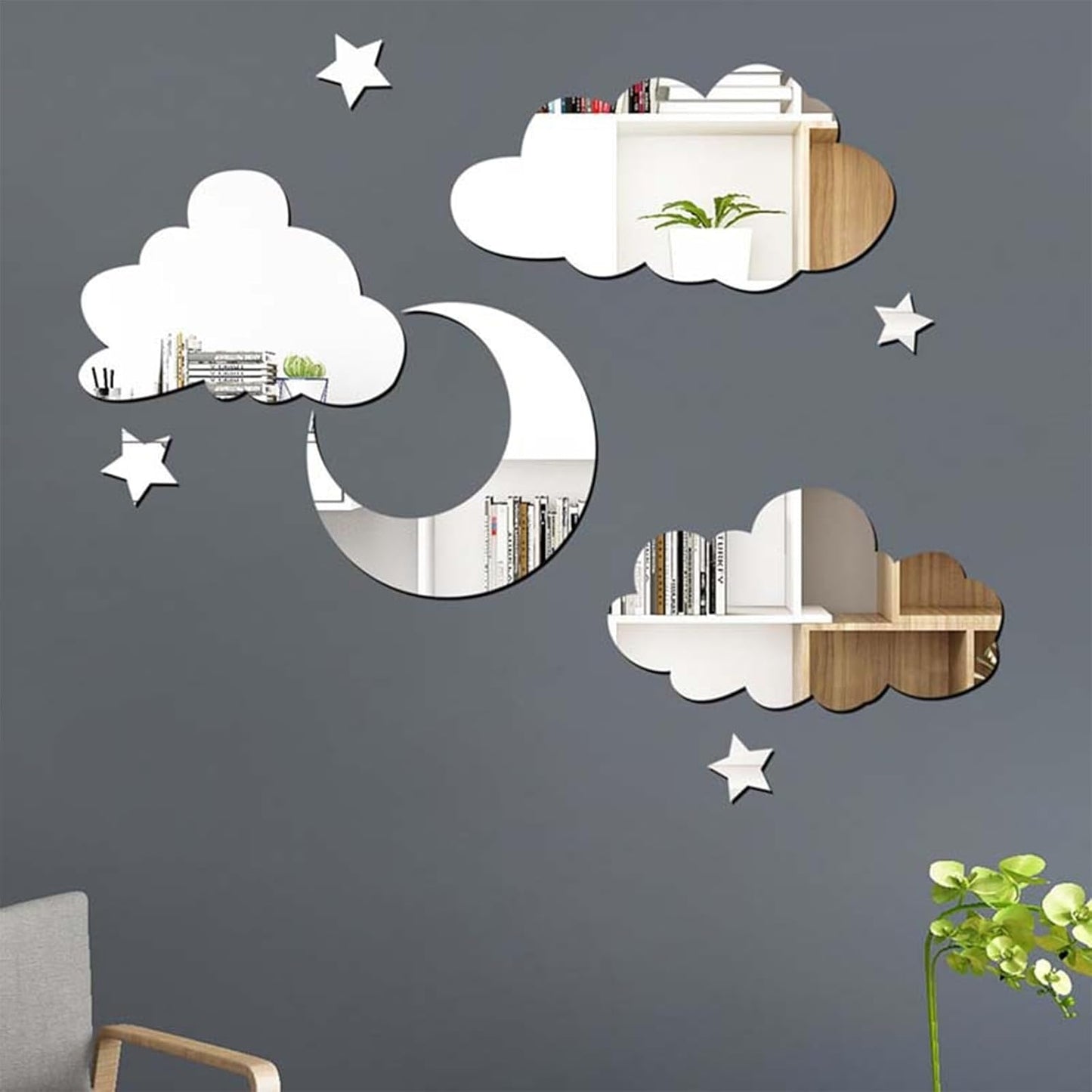 3D Moon, Cloud & Star Mirror Wall Decor