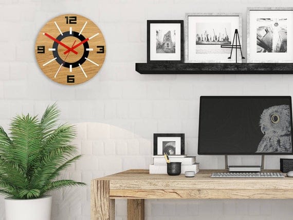 Alladyn Wood Black Mirror Round Wall Clock – Oak & Acrylic